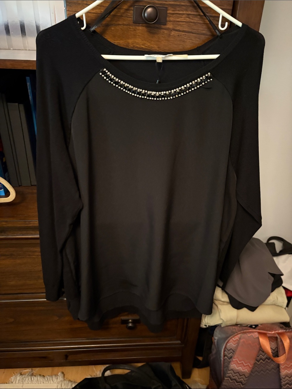 Calvin Klein Black Long-Sleeve Top with Beaded Neckline